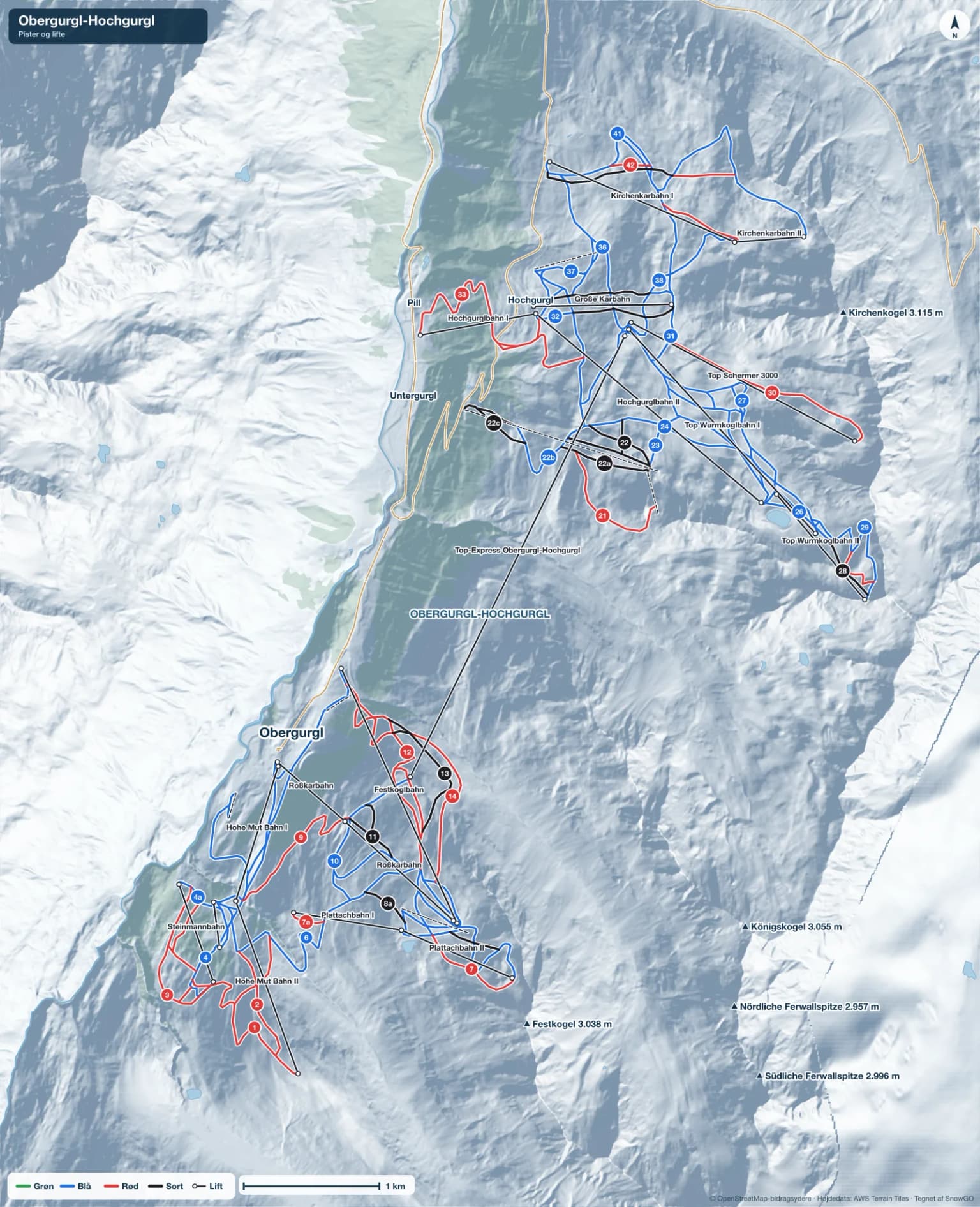 Pistekort over Obergurgl med pister i grøn, blå, rød og sort, lifte, toppe og byer