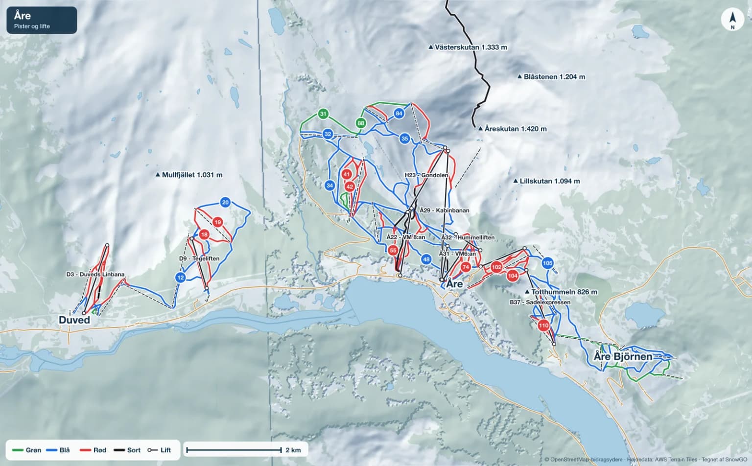 Pistekort over Åre med pister i grøn, blå, rød og sort, lifte, toppe og byer