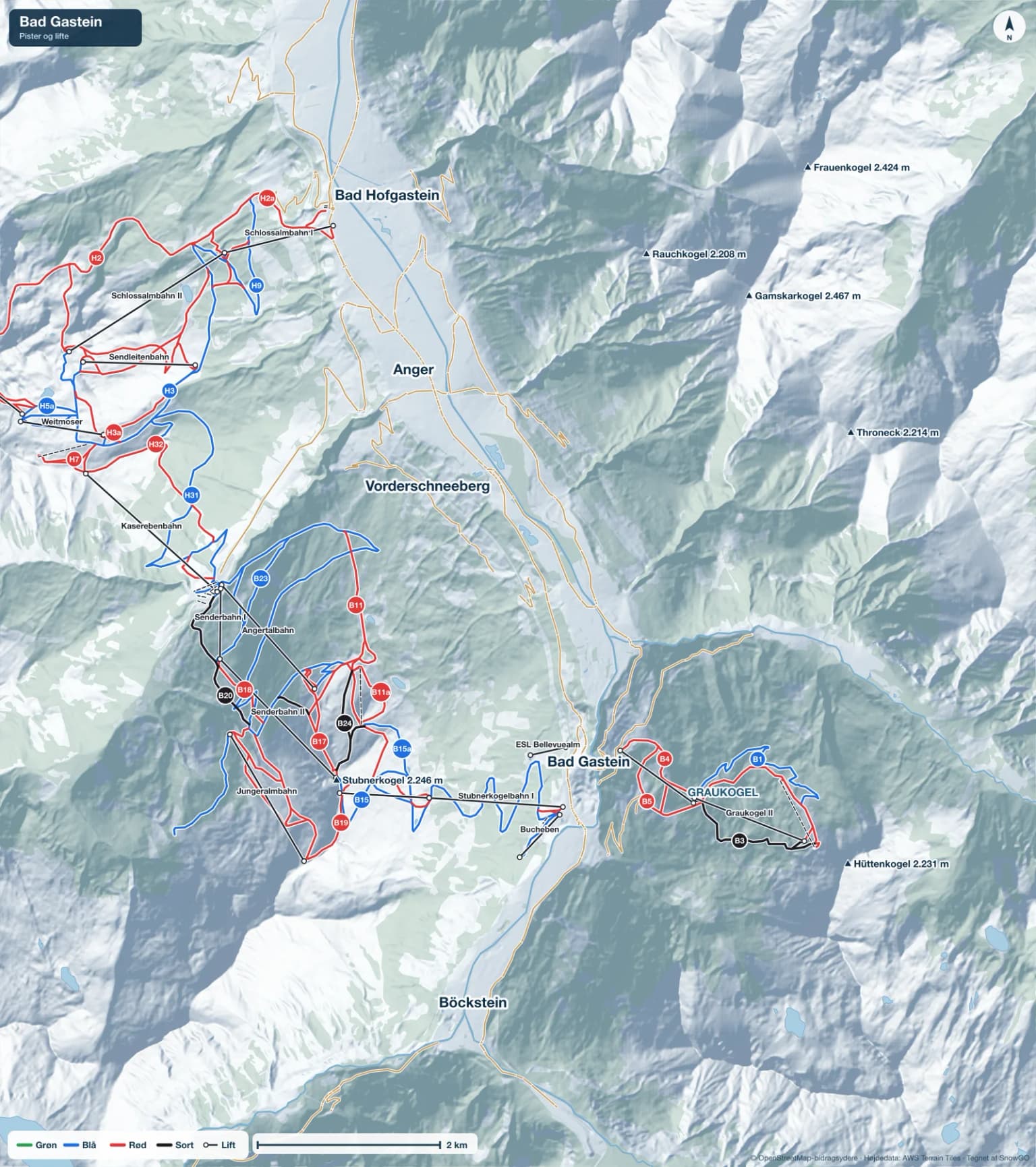 Pistekort over Bad Gastein med pister i grøn, blå, rød og sort, lifte, toppe og byer