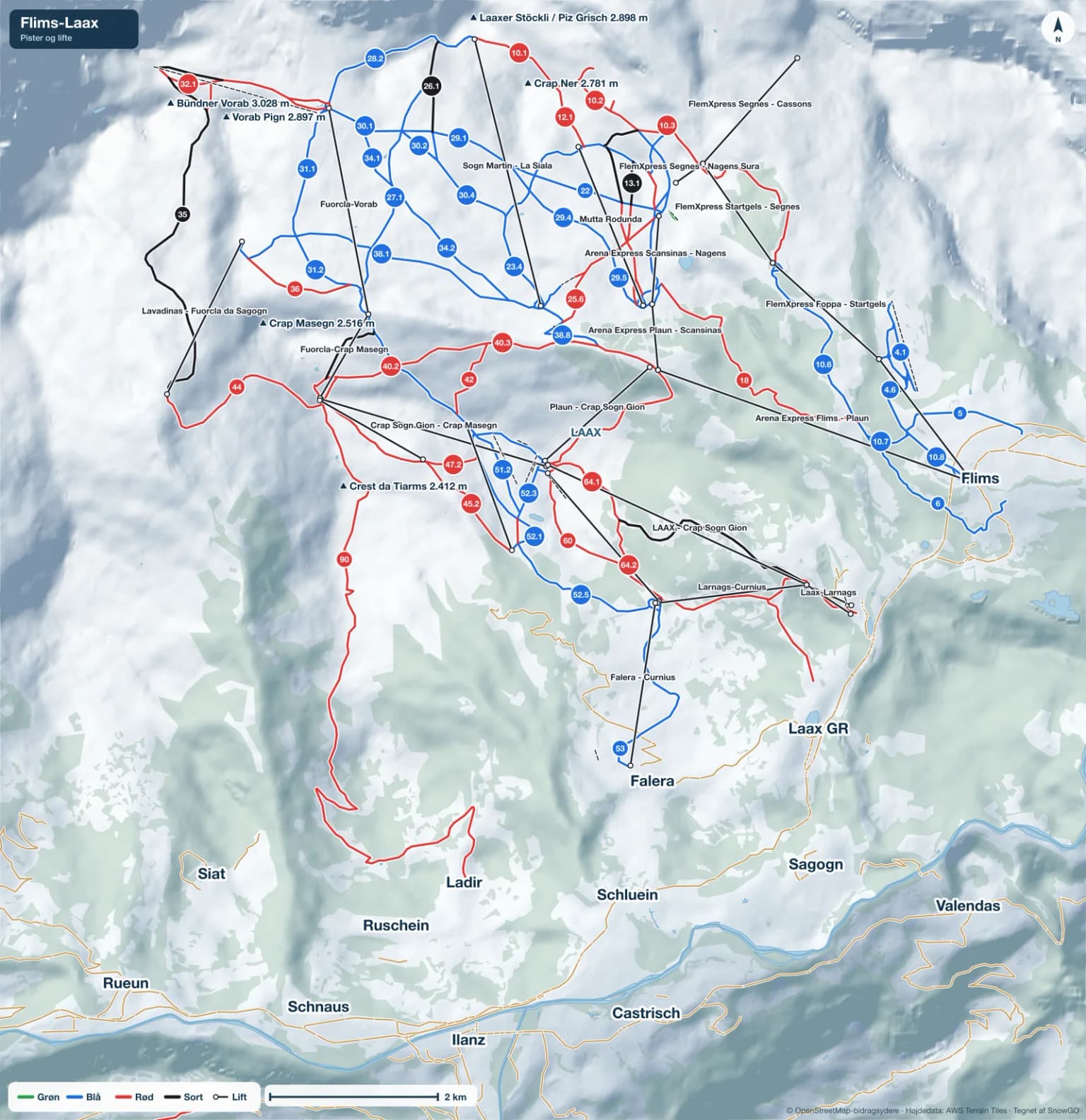Pistekort over Flims-Laax med pister i grøn, blå, rød og sort, lifte, toppe og byer