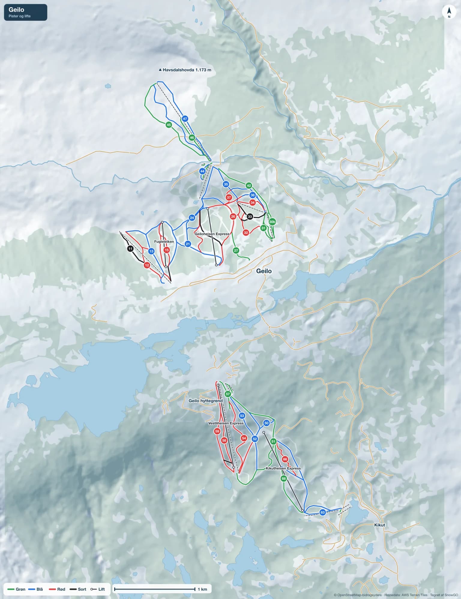 Pistekort over Geilo med pister i grøn, blå, rød og sort, lifte, toppe og byer