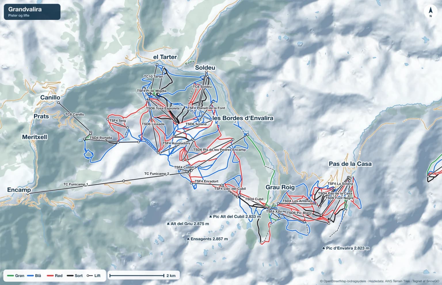 Pistekort over Grandvalira med pister i grøn, blå, rød og sort, lifte, toppe og byer
