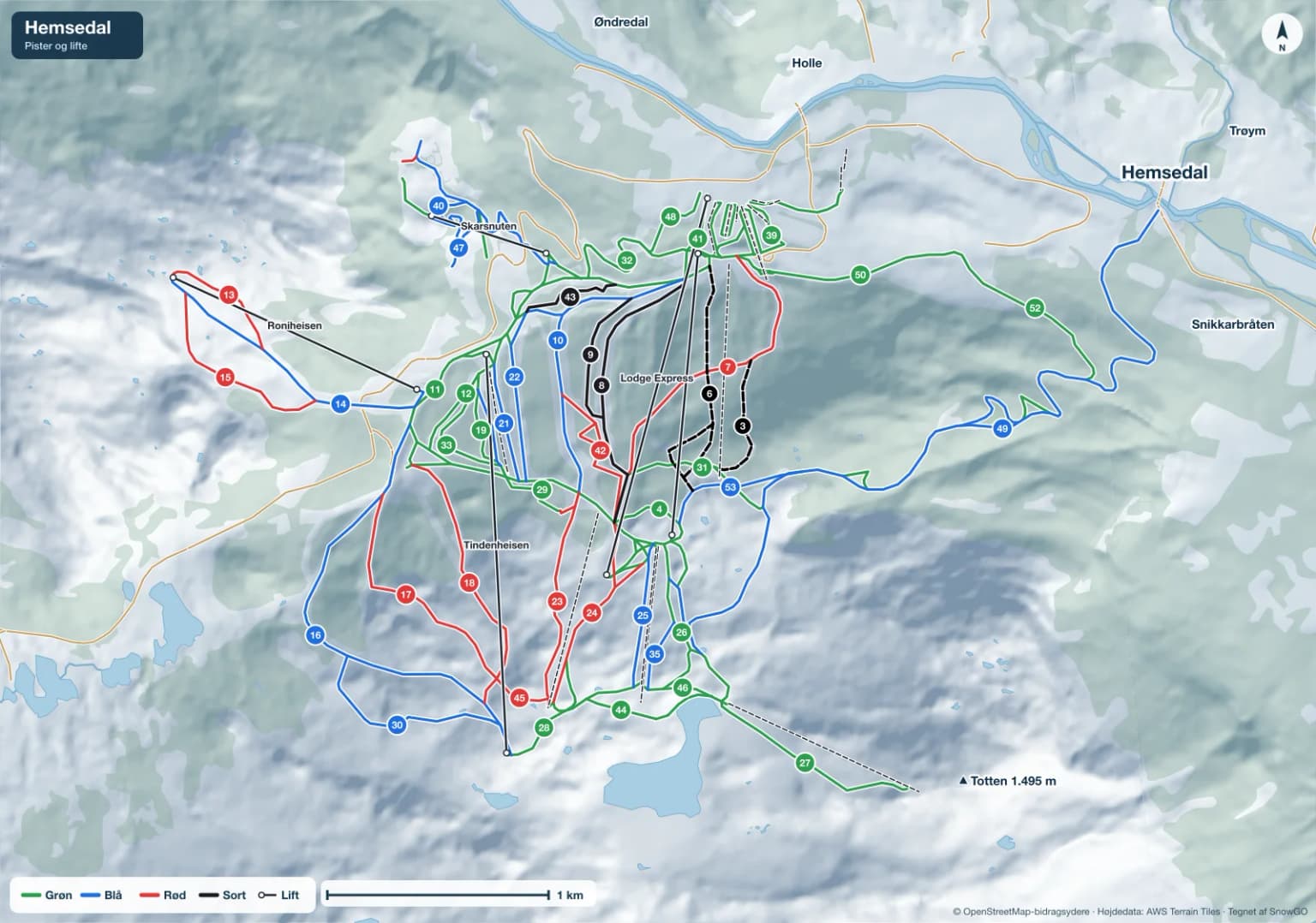 Pistekort over Hemsedal med pister i grøn, blå, rød og sort, lifte, toppe og byer