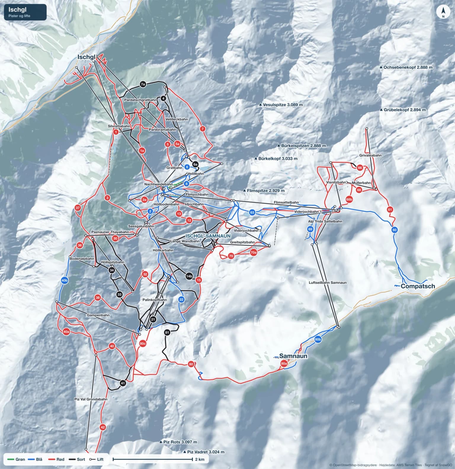 Pistekort over Ischgl med pister i grøn, blå, rød og sort, lifte, toppe og byer