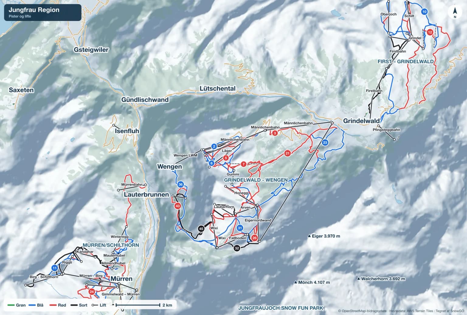 Pistekort over Jungfrau Region med pister i grøn, blå, rød og sort, lifte, toppe og byer