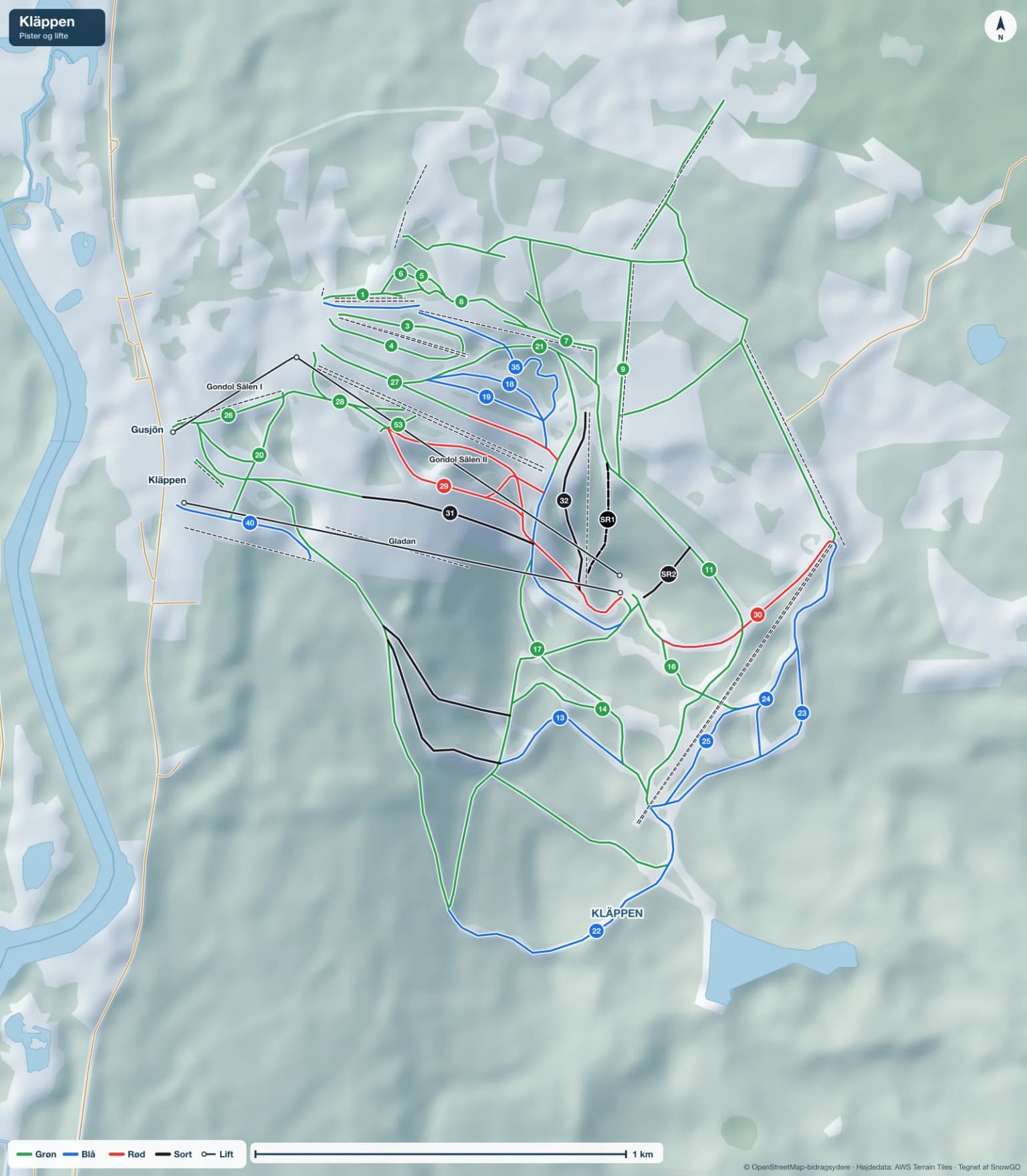 Pistekort over Kläppen med pister i grøn, blå, rød og sort, lifte, toppe og byer