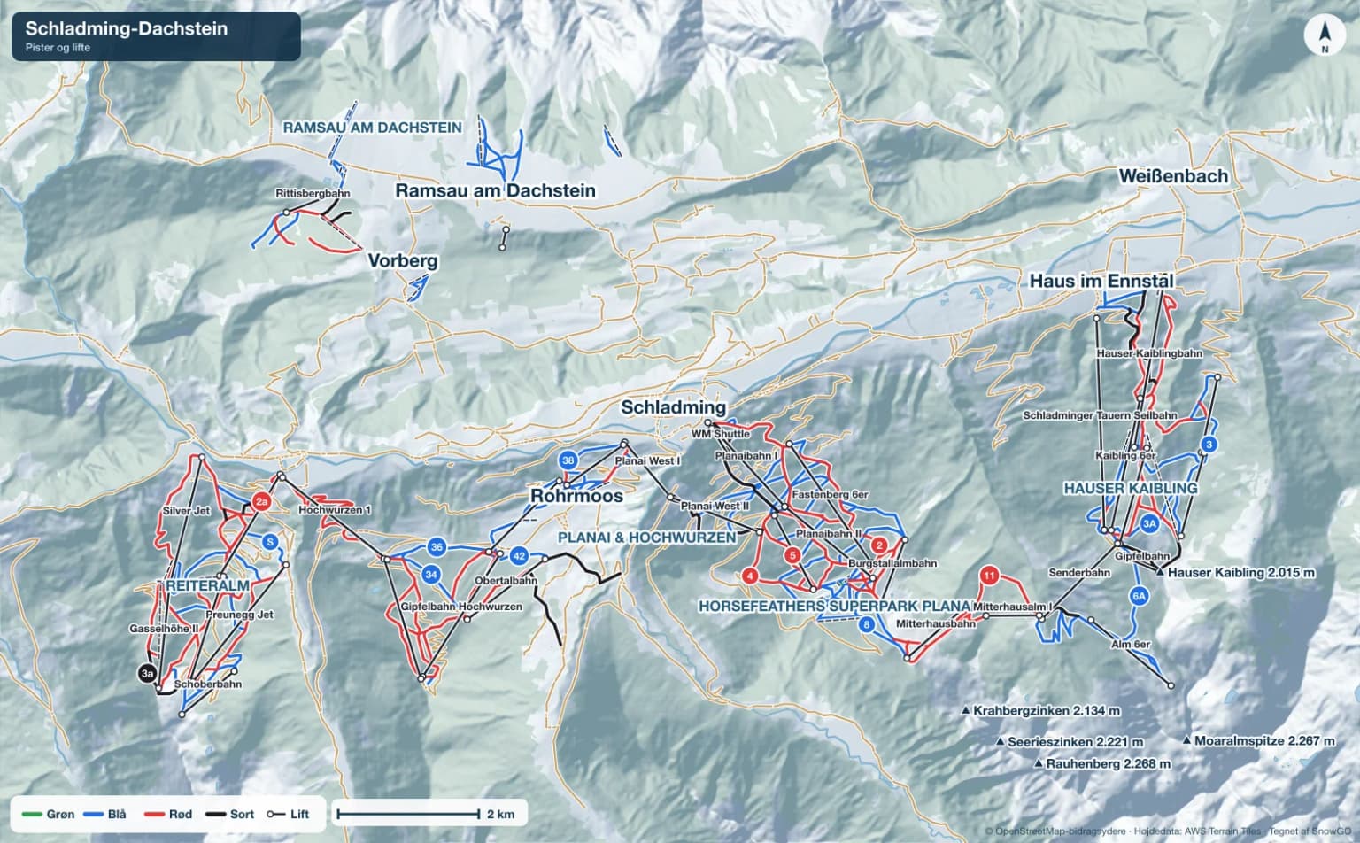 Pistekort over Schladming med pister i grøn, blå, rød og sort, lifte, toppe og byer