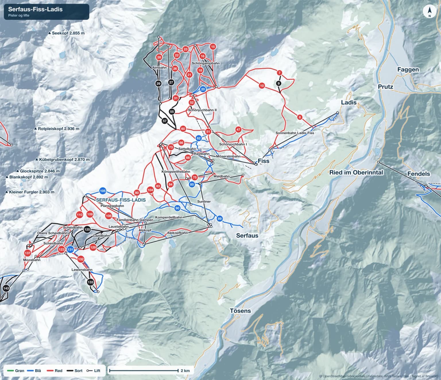 Pistekort over Serfaus-Fiss-Ladis med pister i grøn, blå, rød og sort, lifte, toppe og byer