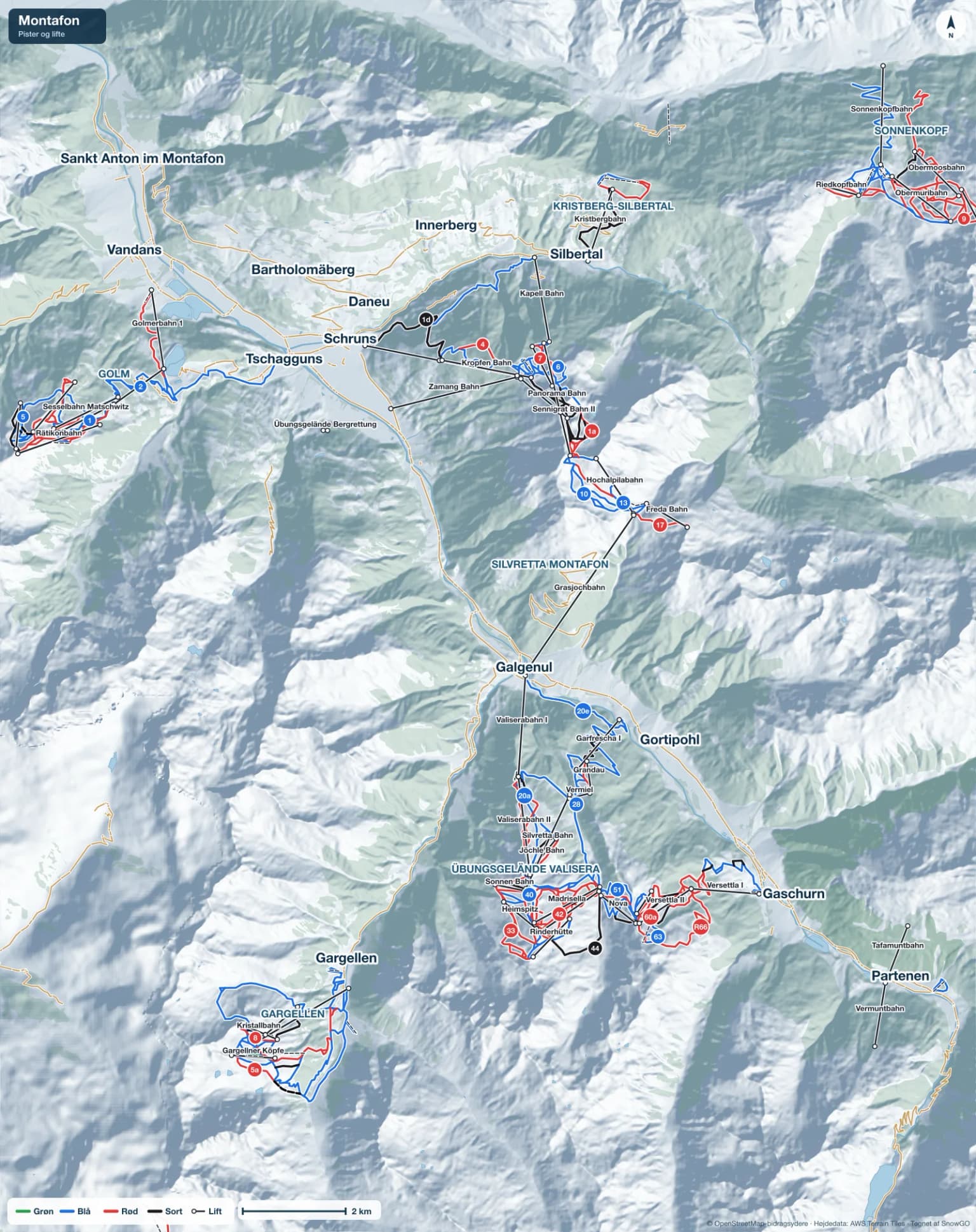 Pistekort over Silvretta Montafon med pister i grøn, blå, rød og sort, lifte, toppe og byer