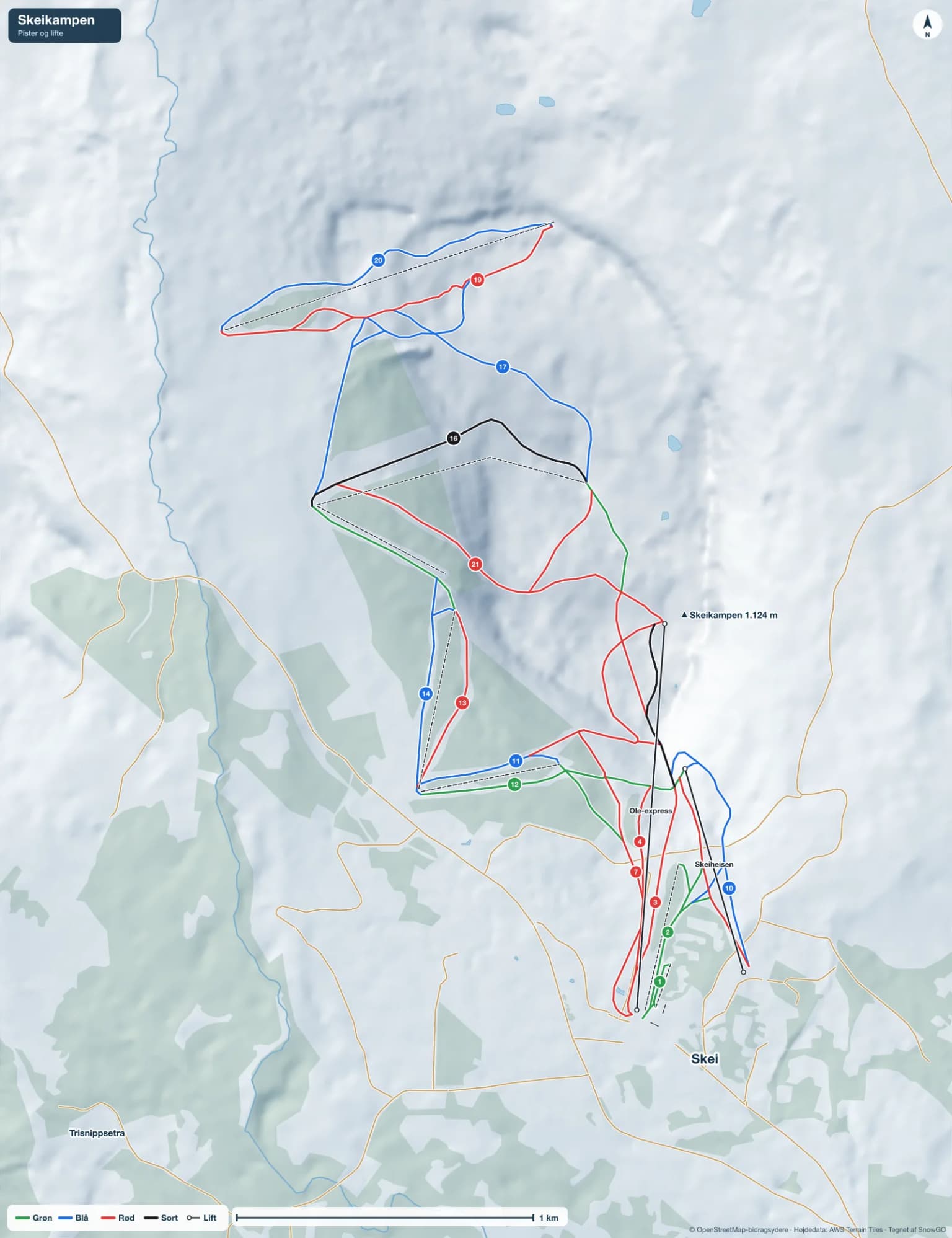 Pistekort over Skeikampen med pister i grøn, blå, rød og sort, lifte, toppe og byer