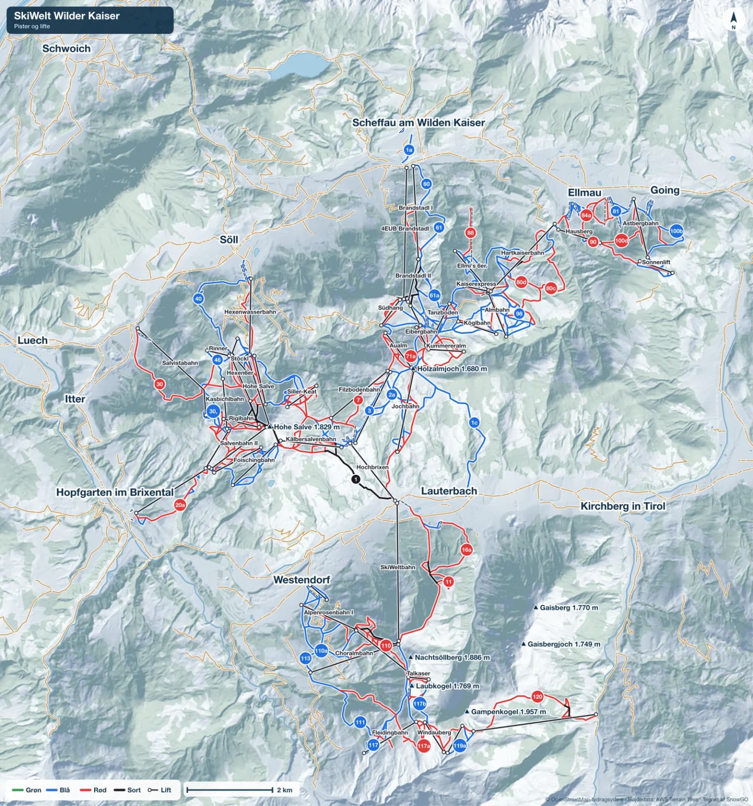 Pistekort over SkiWelt Wilder Kaiser med pister i grøn, blå, rød og sort, lifte, toppe og byer