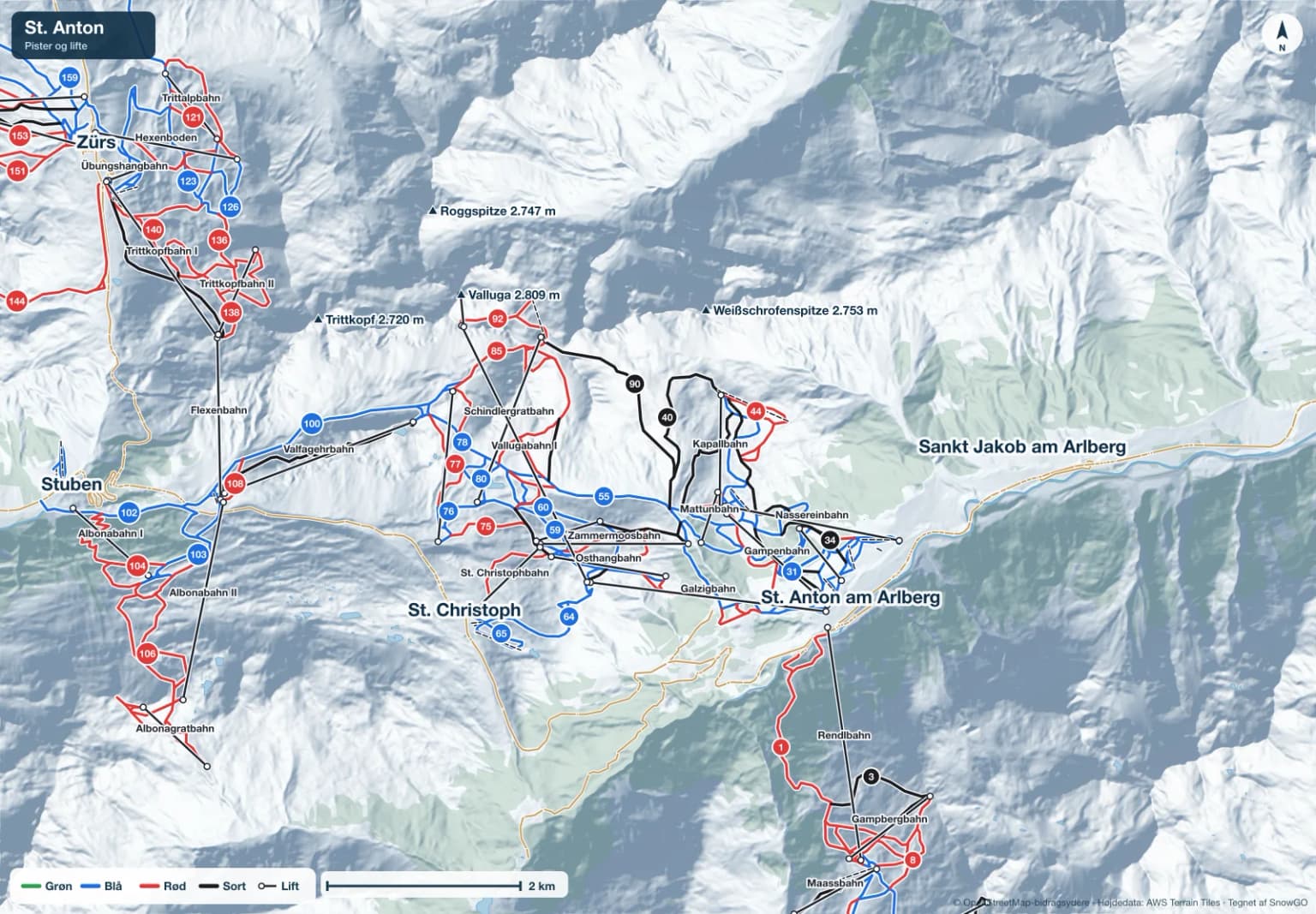 Pistekort over St. Anton med pister i grøn, blå, rød og sort, lifte, toppe og byer