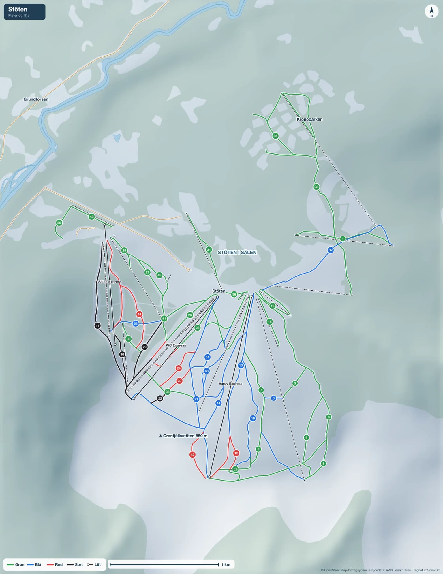 Pistekort over Stöten med pister i grøn, blå, rød og sort, lifte, toppe og byer