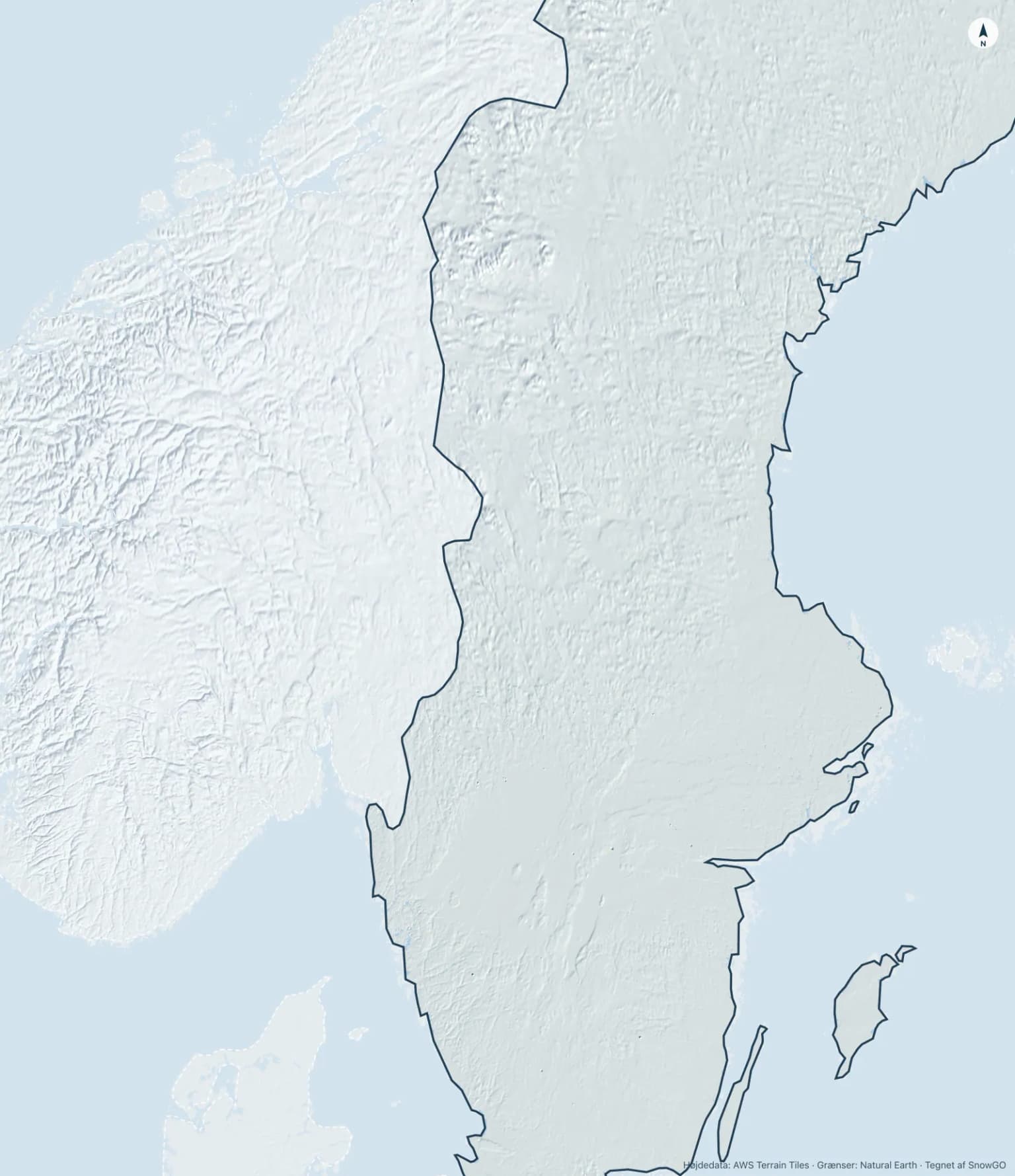 Relief-kort over Sverige med skiområdernes placering