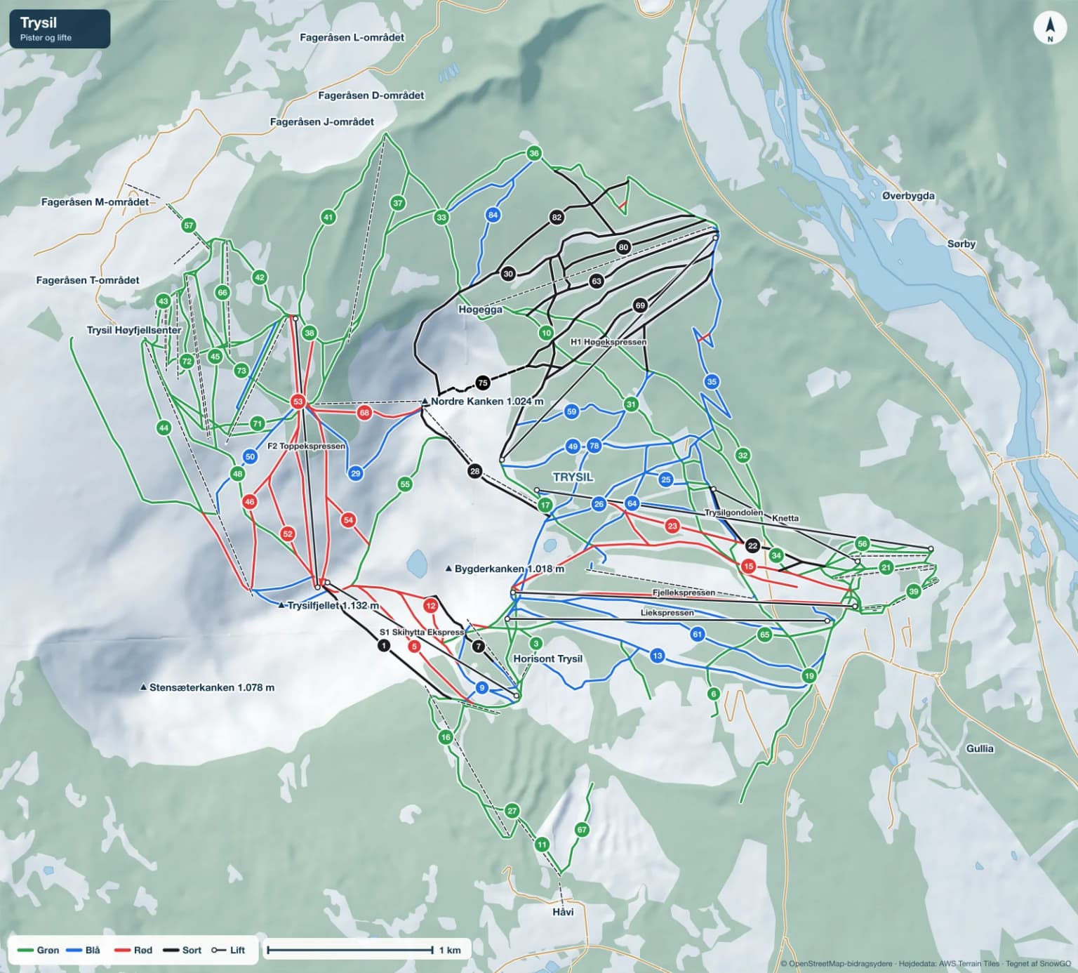 Pistekort over Trysil med pister i grøn, blå, rød og sort, lifte, toppe og byer