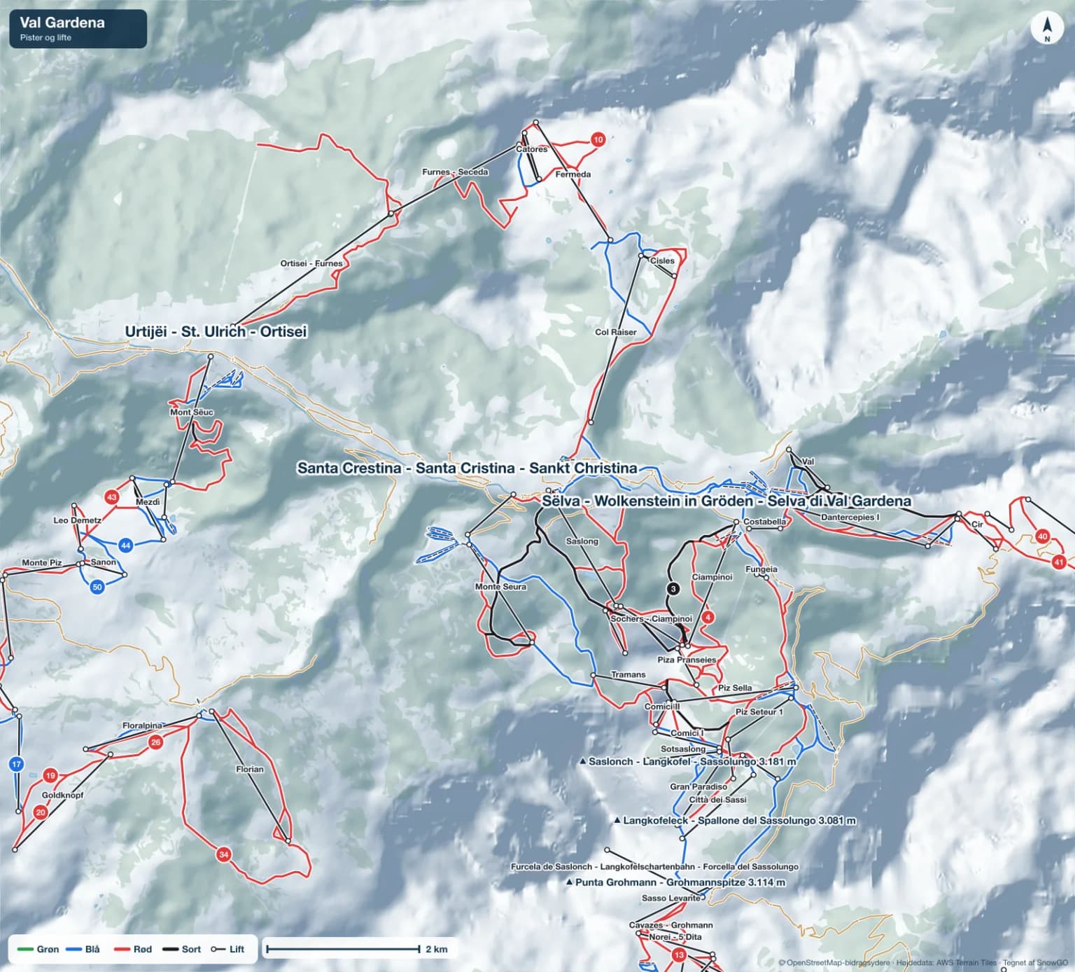 Pistekort over Val Gardena med pister i grøn, blå, rød og sort, lifte, toppe og byer