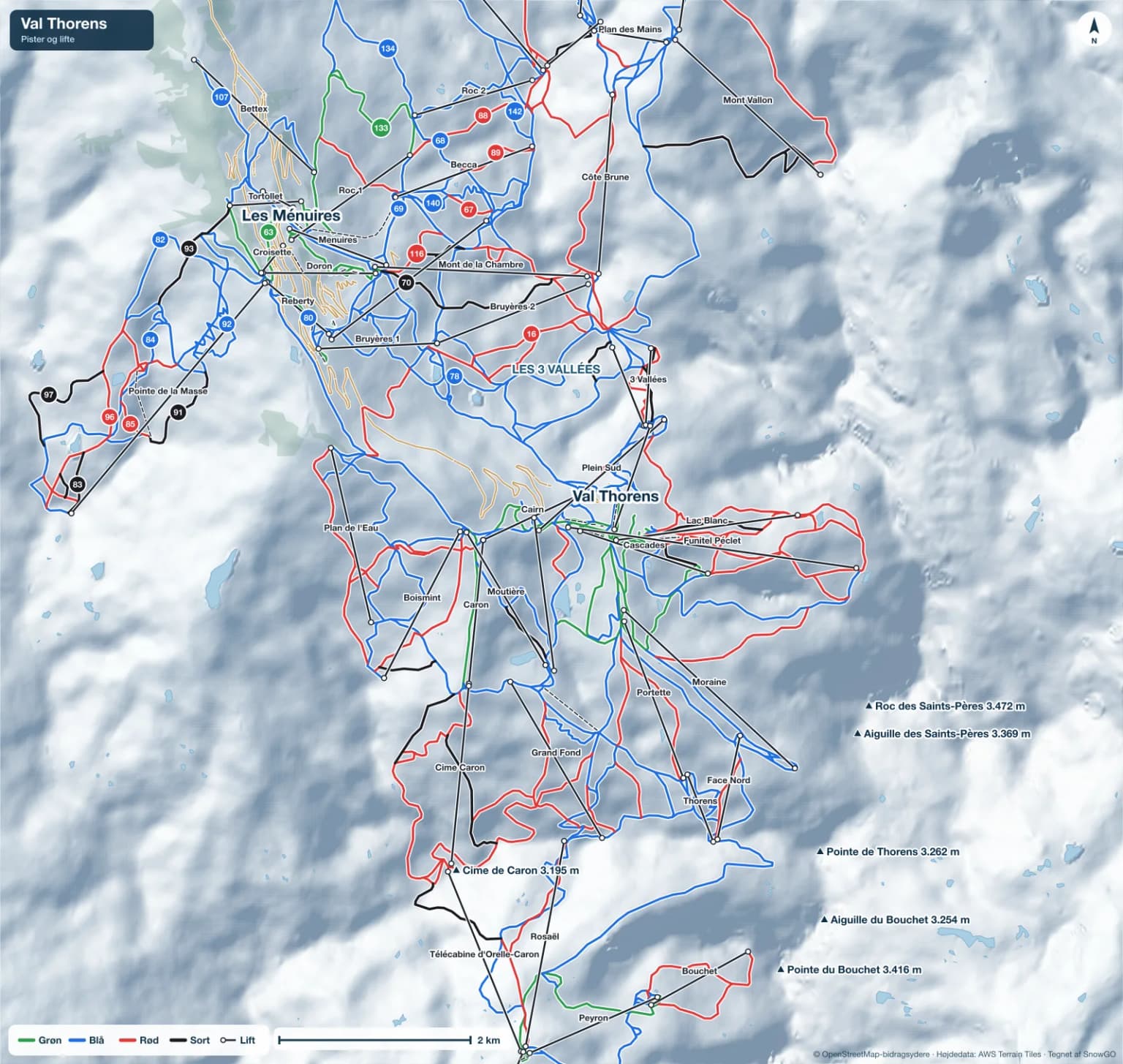 Pistekort over Val Thorens med pister i grøn, blå, rød og sort, lifte, toppe og byer