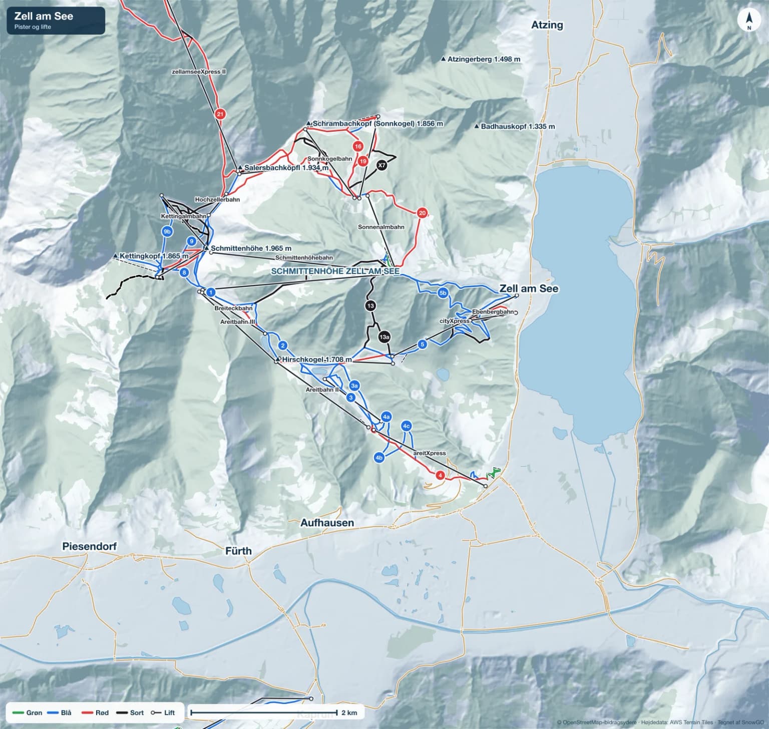 Pistekort over Zell am See med pister i grøn, blå, rød og sort, lifte, toppe og byer