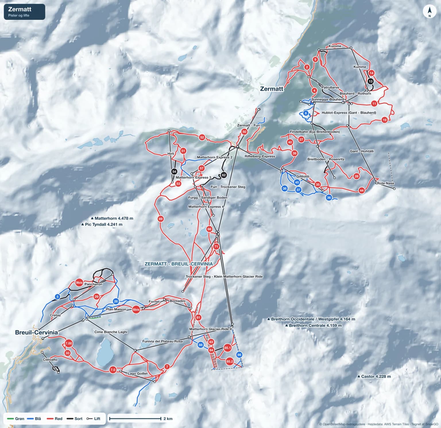 Pistekort over Zermatt med pister i grøn, blå, rød og sort, lifte, toppe og byer